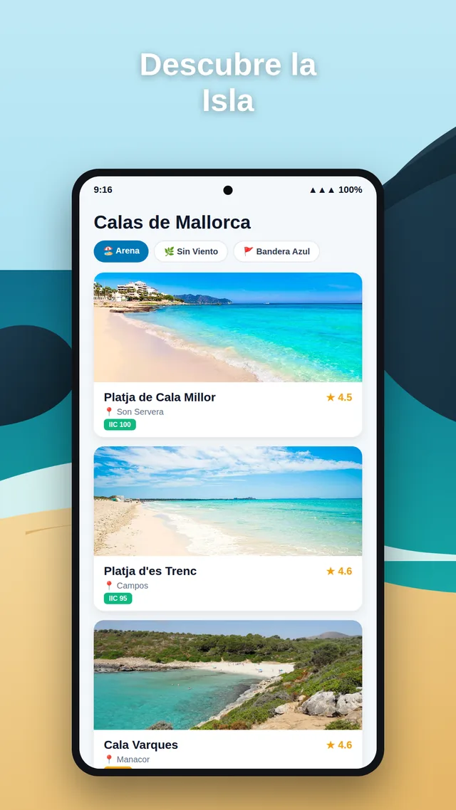 Listado de calas de Mallorca en la app, con puntuación e índice IIC